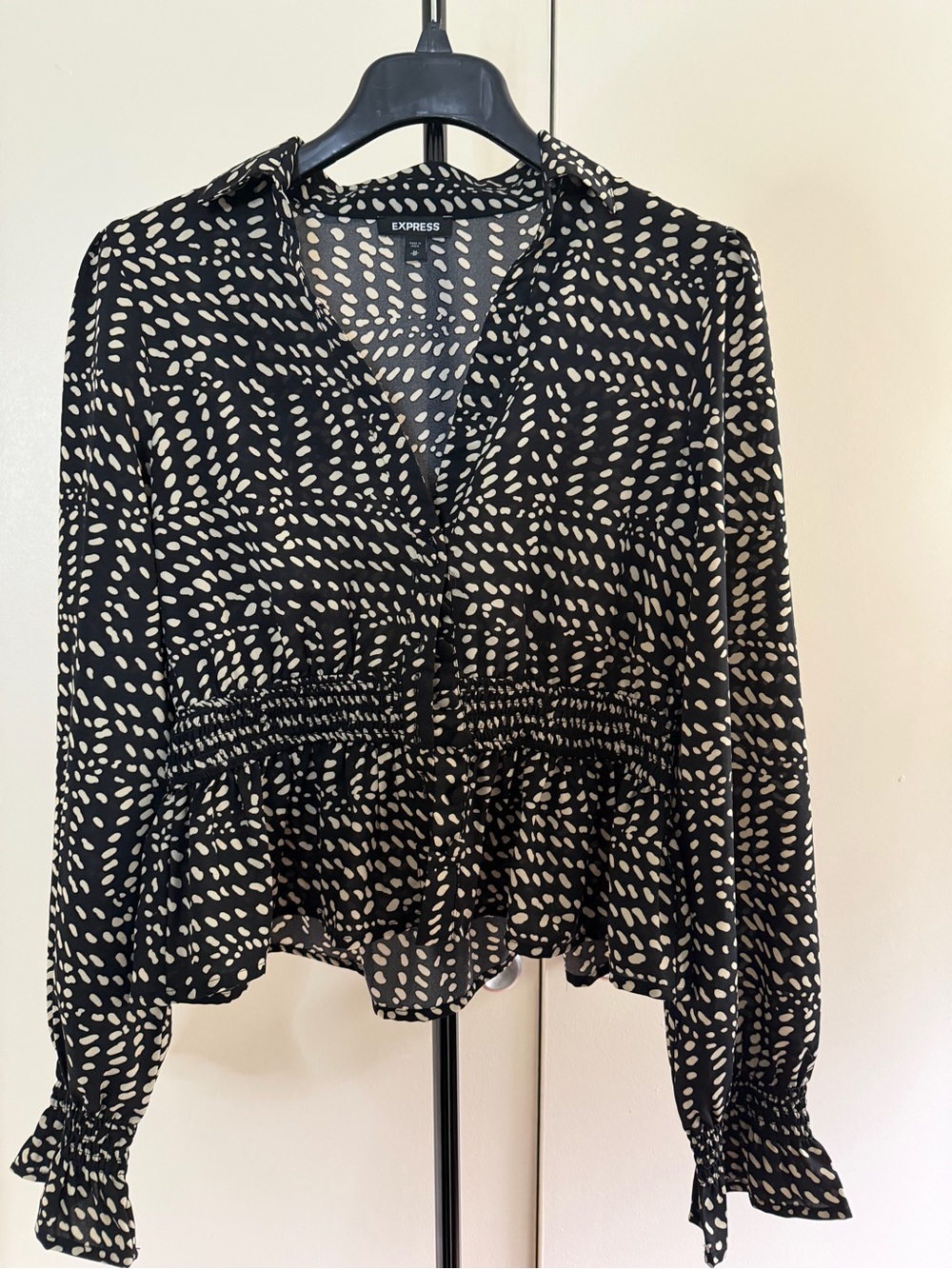Express Black Blouse with Cream Abstract Dot Print